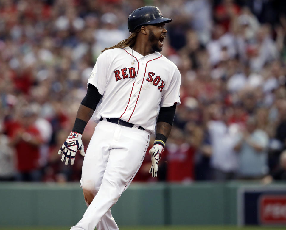 Hanley Ramirez shouts after hitting a two-run RBI double Sunday vs. the Astros. (AP)