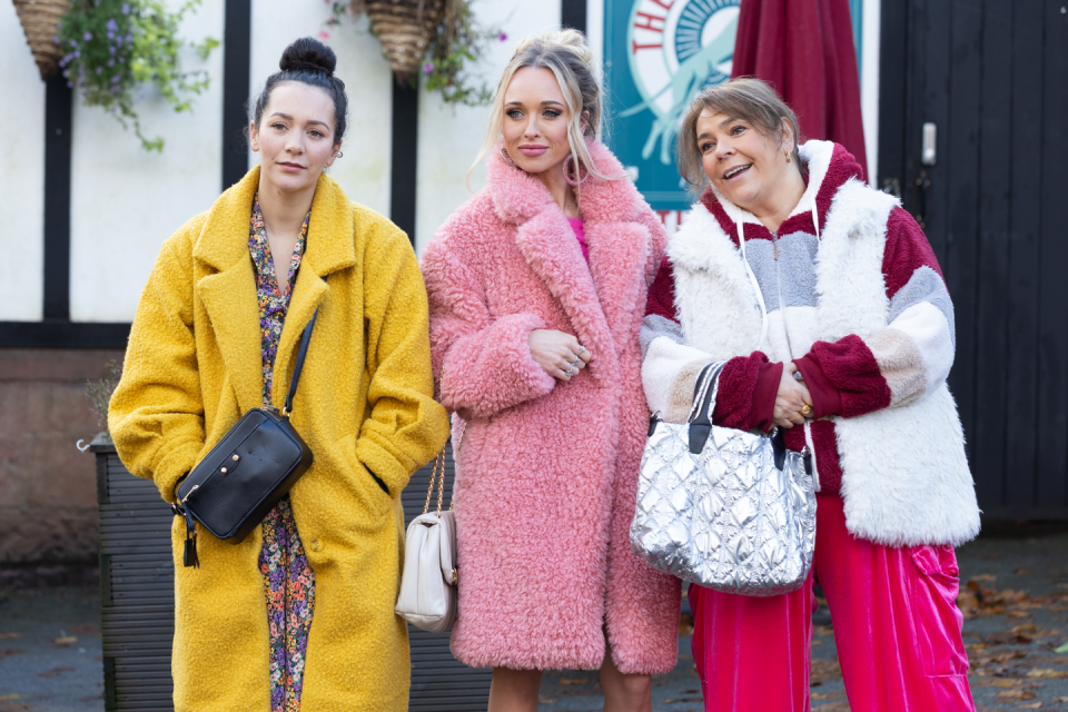 cleo mcqueen, theresa mcqueen and myra mcqueen in hollyoaks