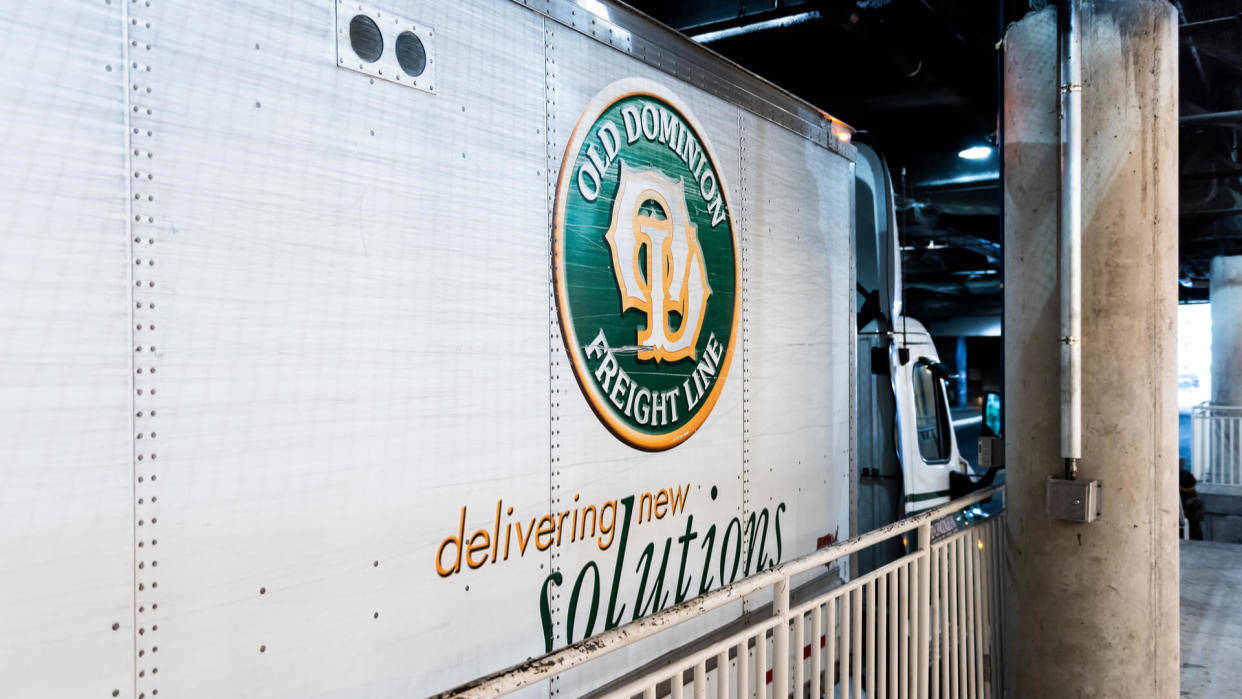 Tysons, USA - January 26, 2018: Old Dominion Freight Line, ODFL, delivery, shipping truck parked in indoor, indoors parking garage, warehouse near Tysons Corner shopping mall