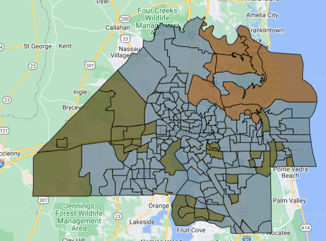 A map provided by the Duval County Supervisor of Elections office shows results at the precinct level in the mayor's race Tuesday. Donna Deegan won precincts shaded grey, Daniel Davis won precincts that are olive green, and Al Ferraro won the orange-shaded precincts.