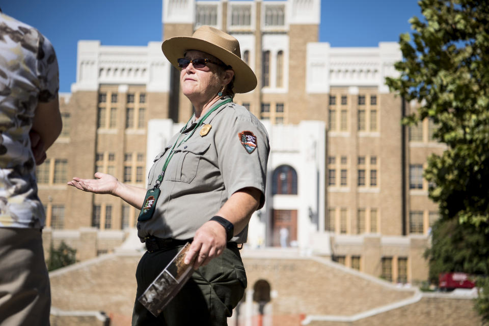 Jodi Morris speaks during a tour of Little Rock Central High School.