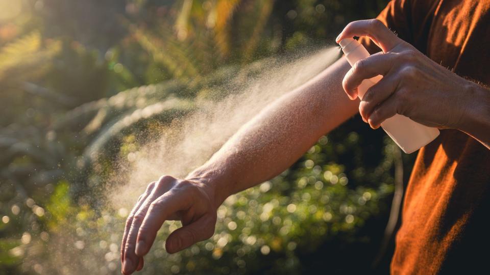 Person spraying mosquito repellent on their skin