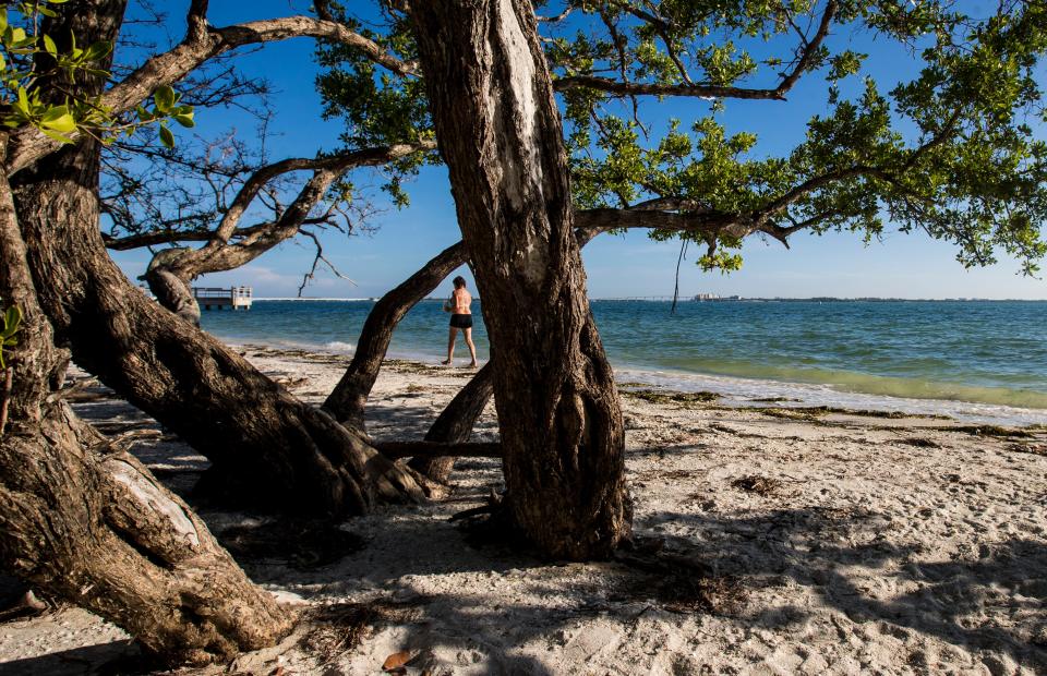 A beach goer strolls the beach at Lighthouse Point Beach on Sanibel Island on Friday, August 14, 2020. 