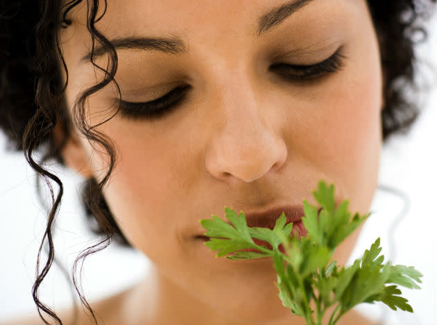 Parsley or mint leaves help keep your breath fresh and sweet. They contain monoterpenes that travel from bloodstream to lungs and are released with your breath. Always great to keep at hand!