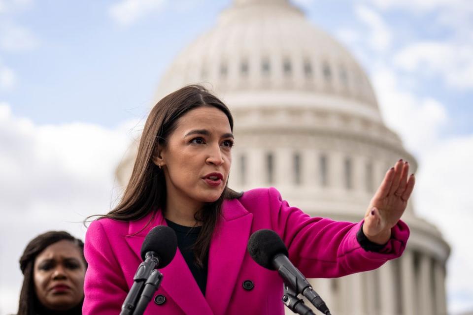 Rep. Alexandria Ocasio-Cortez, D-N.Y., speaks during a news conference with Democratic lawmakers about the Biden administrations border politics, outside the U.S. Capitol on January 26, 2023 in Washington, DC.