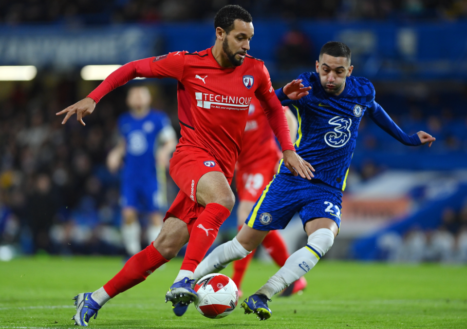 Curtis Weston (left) in action for Chesterfield against Chelsea in the third round of the FA Cup in January 2022