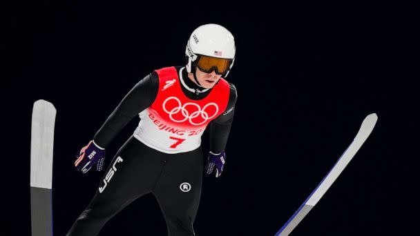 PHOTO: FILE - Patrick Gasienica, of the United States, soars through the air during the men's normal hill individual ski jumping trial round at the 2022 Winter Olympics, Sunday, Feb. 6, 2022, in Zhangjiakou, China. (Andrew Medichini/AP)