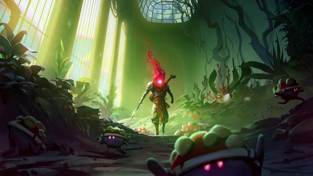  Key art for Dead Cells' Bad Seed DLC, showing the Beheaded stalking through a room full of monstrous plants.. 