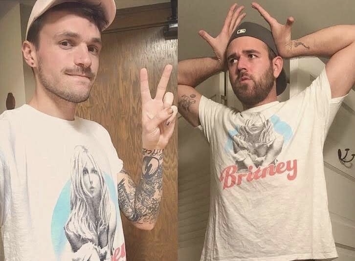 The author, Chris Stedman, and his friend Alex pose in matching Britney Spears shirts.