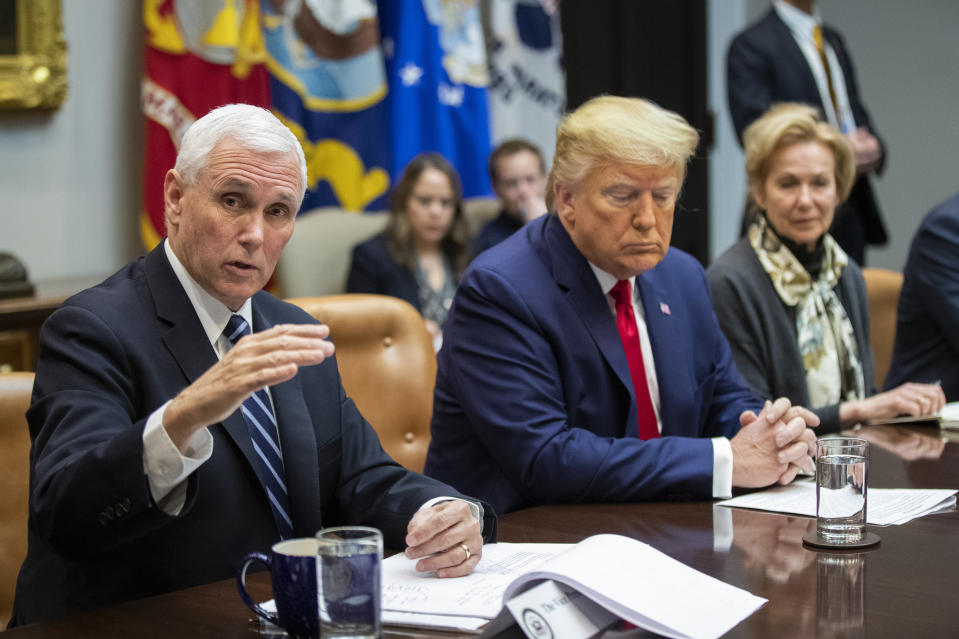 Vice President Mike Pence with President Donald Trump and White House coronavirus response coordinator Dr. Deborah Birx, speaks during a coronavirus briefing with Airline CEOs in the Roosevelt Room of the White House, Wednesday, March 4, 2020, in Washington. (AP Photo/Manuel Balce Ceneta)