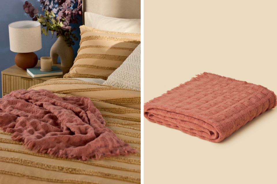 L: Bed with a mustard striped quilt and a red brick dust BIG W throw on top. R: BIG W red brick dust throw on a beige background