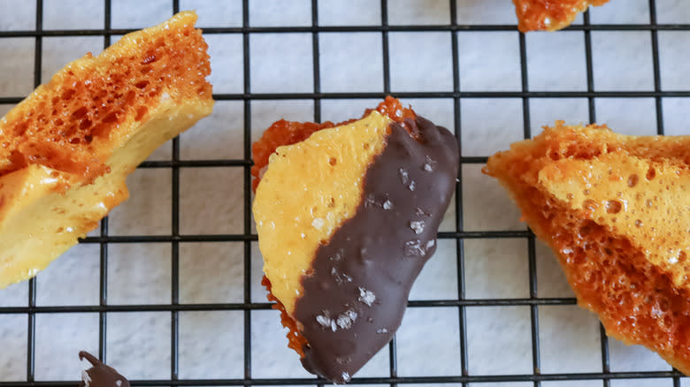 chocolate-dipped toffee on wire rack