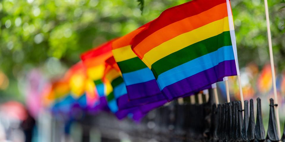 Gay pride flags on a fence at the Stonewall National Monument in New York City.