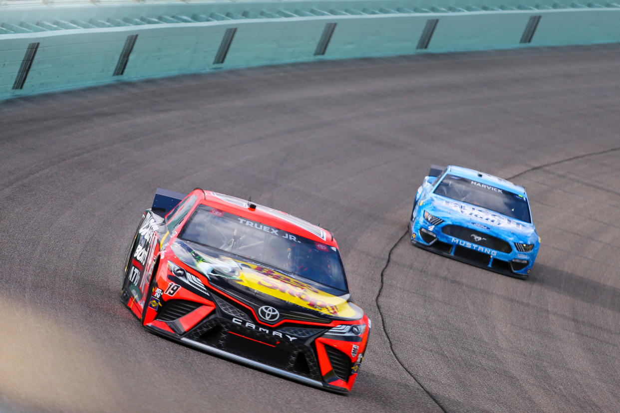 HOMESTEAD, FL - FEBRUARY 28: Martin Truex Jr., driver of the #19 Joe Gibbs Racing Bass Pro Toyota Camry, during the Dixie Vodka 400 on February 28, 2021 at Homestead-Miami Speedway in Homestead, Fl. (Photo by David Rosenblum/Icon Sportswire via Getty Images)