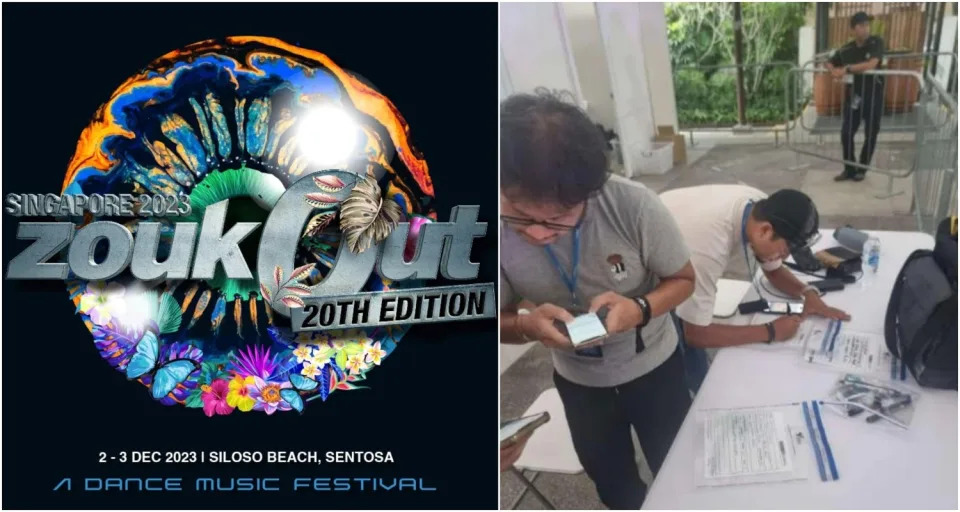 HSA officers (right) processing the details of those caught possessing e-vaporisers at ZoukOut 2023. (PHOTOS: HSA/ZoukOut)