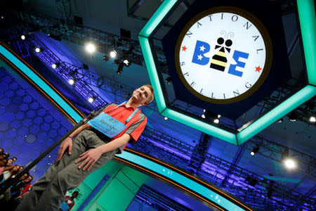 Bryan Keck of Dubuque, IA, reacts after an incorrect spelling during a preliminary round at the 89th annual Scripps National Spelling Bee at National Harbor. REUTERS/Kevin Lamarque