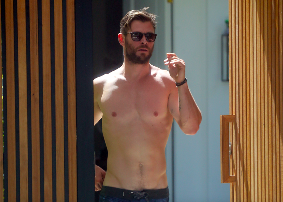 The 35-year-old actor was shirtless as he arrived at his home.