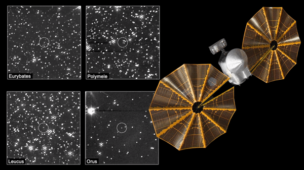 (Left) Some of LUCY's Trojan asteroid targets, Eurybates, Polymede, Leucus, and Orus as seen by the spacecraft. (Right) an illustration of LUCY.