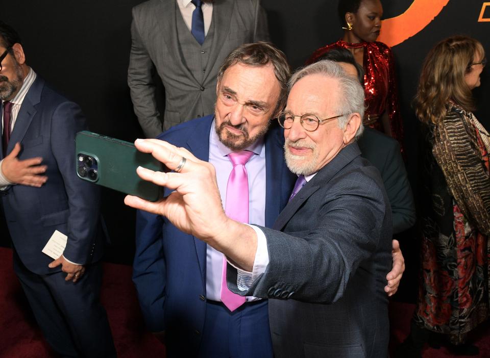 LOS ANGELES, CALIFORNIA - JUNE 14: (L-R) John Rhys-Davies and Steven Spielberg attend the Indiana Jones and the Dial of Destiny U.S. Premiere at the Dolby Theatre in Hollywood, California on June 14, 2023. (Photo by Charley Gallay/Getty Images for Disney)