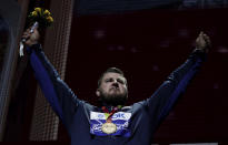 Joe Kovacs, of the United States, gold, during the medal ceremony for the men's shot put final at the World Athletics Championships in Doha, Qatar, Saturday, Oct. 5, 2019. (AP Photo/Nariman El-Mofty)