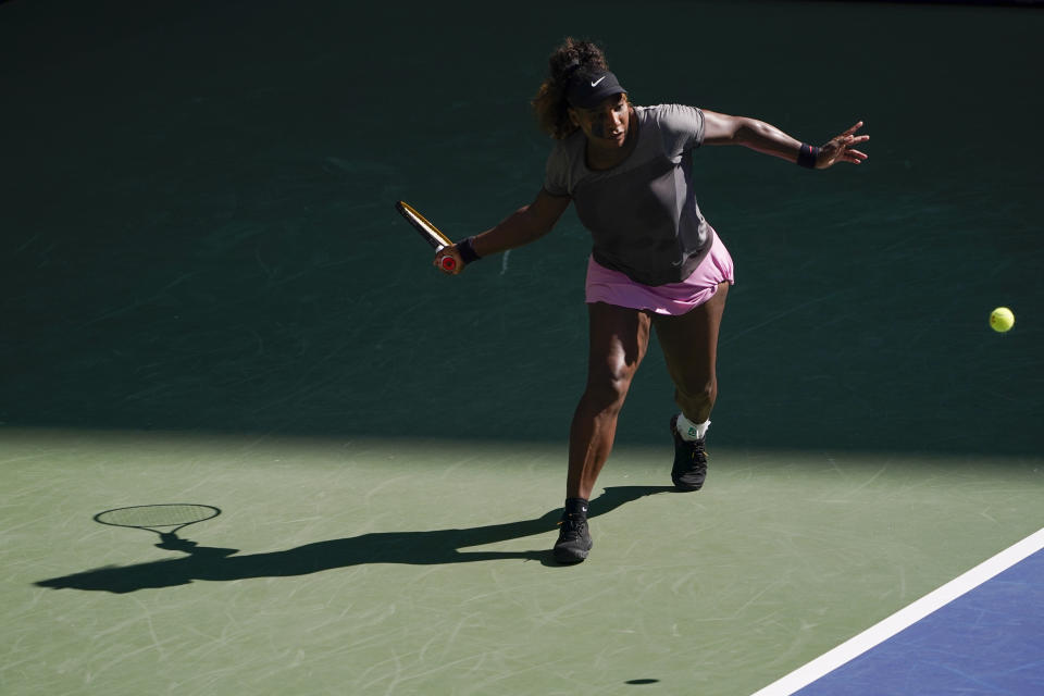 Serena Williams practices at Arthur Ashe Stadium before the start of the U.S. Open tennis tournament in New York, Thursday, Aug. 25, 2022. (AP Photo/Seth Wenig)