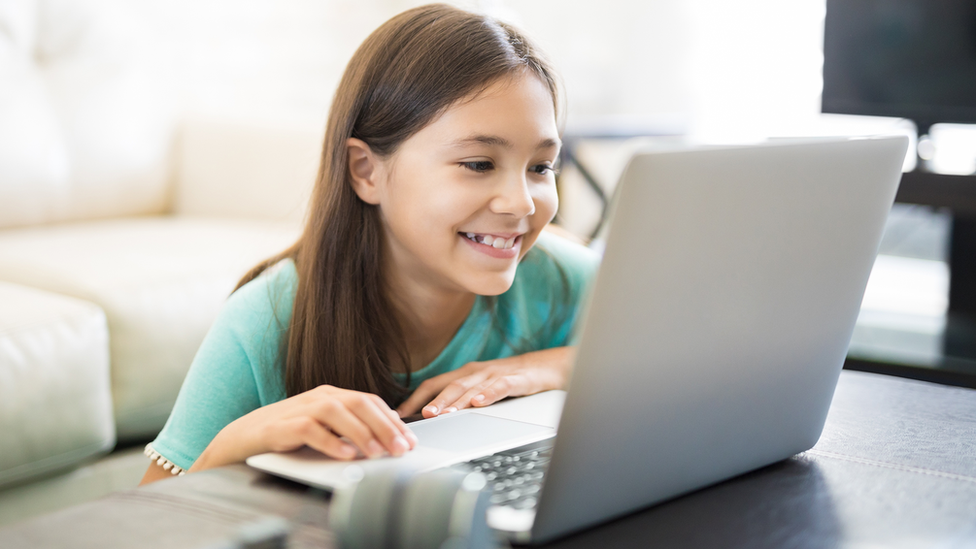 Niña mirando computadora.