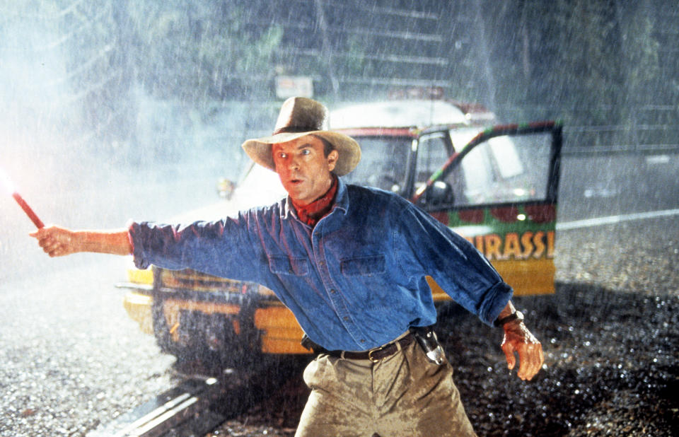 Sam Neill stands out in the rain in a scene from the film 'Jurassic Park', 1993. (Photo by Universal/Getty Images)