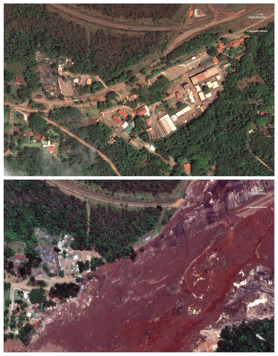 This combo of satellite images provided by DigitalGlobe shows fields and farm homes near Brumadinho, Brazil on Sept. 23, 2018, top, months before a dam collapsed and covered the area on Jan. 25, 2019; and below the same area seen on Wednesday, Jan. 29, 2019. As search-and-recovery efforts continued, authorities also worked to slow the reddish-brown mud that was heading down a small river with high concentrations of iron oxide, threatening to contaminate a much larger waterway that provides drinking water to communities in five of the country's 26 states. (DigitalGlobe, a Maxar company via AP)