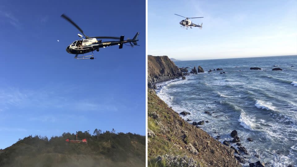 A helicopter scours the scene as investigators try and understand what happened to the three missing children. Source: AP