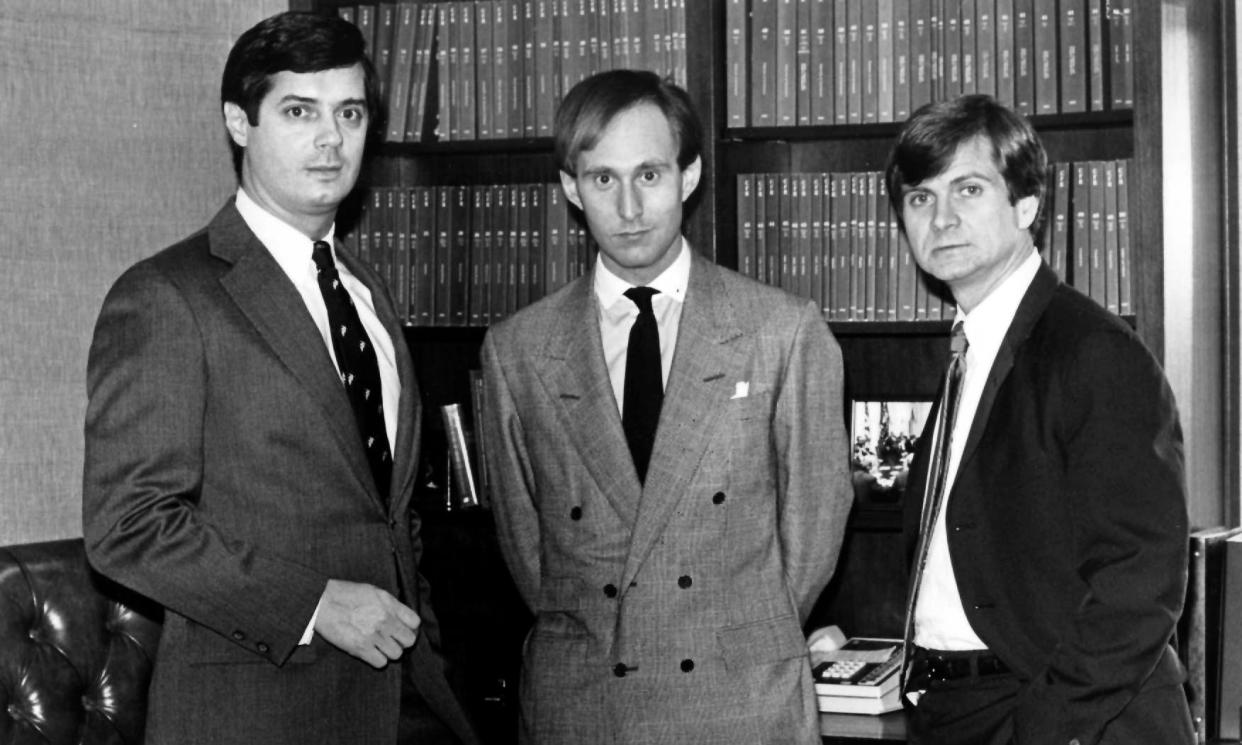 <span>Paul Manafort, Roger Stone and Lee Atwater as young political operatives, setting out in their lobbying careers.</span><span>Photograph: The Washington Post/Getty Images</span>