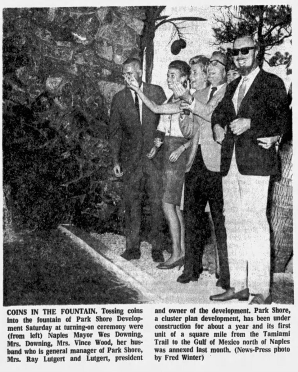 In the Know: Park Shore developer Ray Lutgert (forefront at the right) at the Dec. 28, 1968 dedication of his neighborhood's original fountain at U.S. 41 and Park Shore Drive. His son, Scott Lutgert said:  "It's not there now. It's changed. The Park Shore Association changed the structure there, mainly because kids were going there and putting soap suds in it all the time."