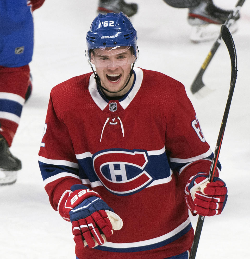 Montreal Canadiens' Artturi Lehkonen smiles after scoring against the Florida Panthers during the second period of an NHL hockey game, Saturday, Feb. 1, 2020 in Montreal. (Graham Hughes/The Canadian Press via AP)