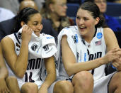 Connecticut's Bria Hartley, left, and Stefanie Dolson share a light moment late in the second half of an NCAA tournament second-round college basketball game against Kansas State in Bridgeport, Conn., Monday, March 19, 2012. Hartley was top scorer for UConn with 16 point. Connecticut won 72-26. (AP Photo/Jessica Hill)