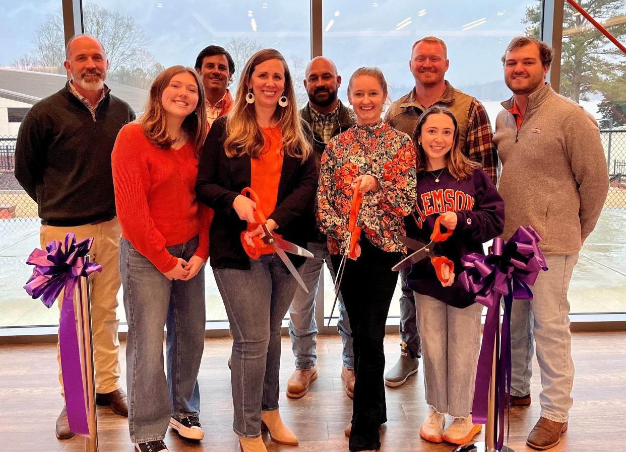 On hand for the completion of the new and upgraded women’s sports facilities at Clemson University: from left, in back, Ben Barfield, Vice President and Division Manager; Steven Barber, Operations Manager; Paul Hendsbee, Assistant Superintendent; Parker Howard, Assistant Superintendent; Steven Cain, Assistant Project Manager. In front, Courtney Sigmund, intern; Project Director Kimberly Bailey; Project Manager Chelsey Williams; and Jordyn Early, intern.