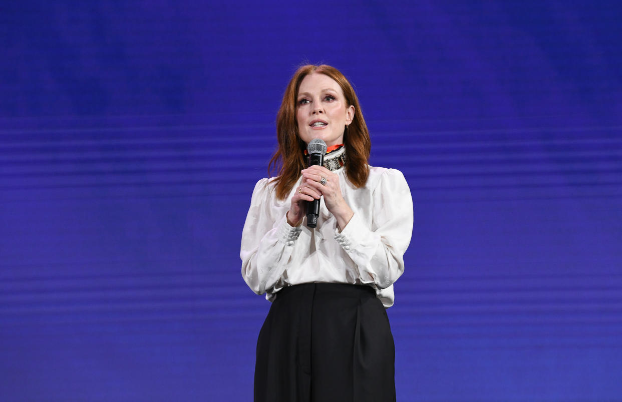 NEW YORK, NEW YORK - APRIL 30:  Actor / Producer / Activist Julianne Moore appears on stage ro introduces the upcoming documentary "5B" at the 2019 Verizon Media NewFront on April 30, 2019 in New York City. The film will be released theatrically June 2019. (Photo by Noam Galai/Getty Images for Verizon Media)