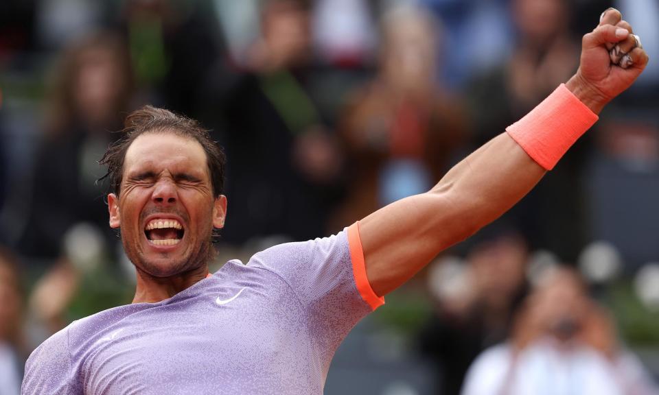 <span>Rafael Nadal is overjoyed after winning his third-round match against Pedro Cachín on home soil.</span><span>Photograph: Julian Finney/Getty Images</span>