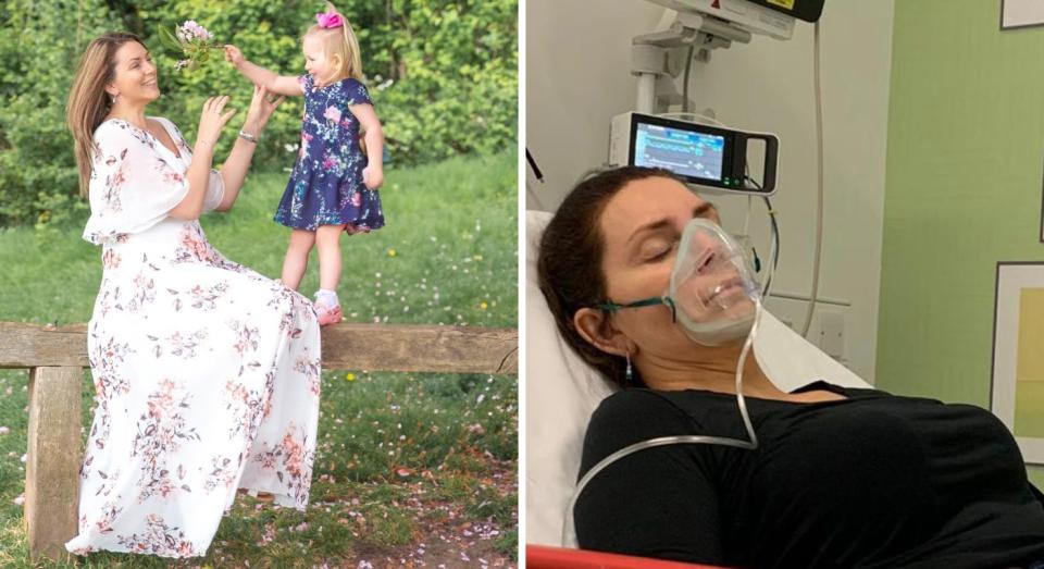 L: Jodie Fraser with her daughter, Lily. R: Fraser while recovering from sepsis in hospital. (Supplied)