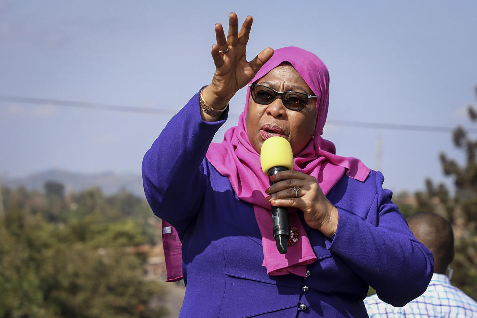FILE - In this Tuesday, March 16, 2021, file photo, Tanzania's then Vice President Samia Suluhu Hassan speaks during a tour of the Tanga region of Tanzania. Samia Suluhu Hassan has been sworn in Friday, March 19, 2021, as Tanzania's president, making history as the country's first woman in the position following the death of her predecessor John Magufuli. (AP Photo, File)