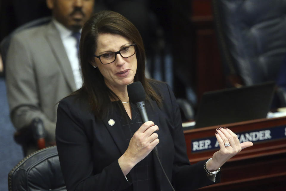 Rep. Tina Scott Polsky, D-Boca Raton, debates on the bill to ban the banning of sunscreen containing ingredients that some researchers say harm coral reefs during session Tuesday March 10, 2020, in Tallahassee, Fla. (AP Photo/Steve Cannon)