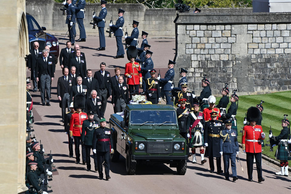 Members of the royal family follow the Duke of Edinburgh's coffin before his funeral on Saturday. (Photo: WPA Pool via Getty Images)