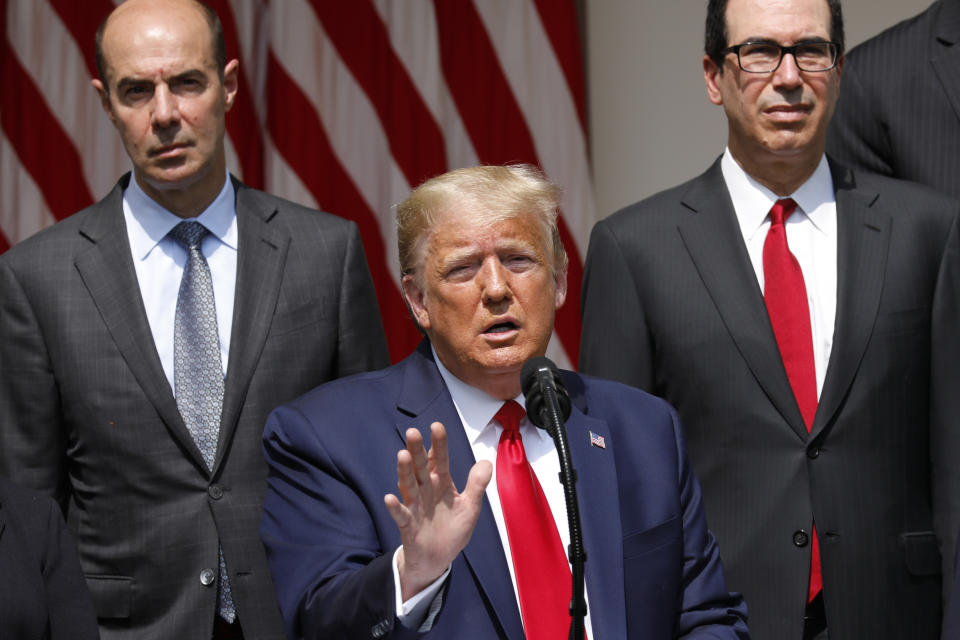 U.S. President Donald Trump delivers remarks before signing H.R. 7010 - PPP Flexibility Act of 2020 in the Rose Garden of the White House in Washington, D.C., U.S., on Friday, June 5, 2020. (Yuri Gripas/Abaca/Bloomberg via Getty Images)
