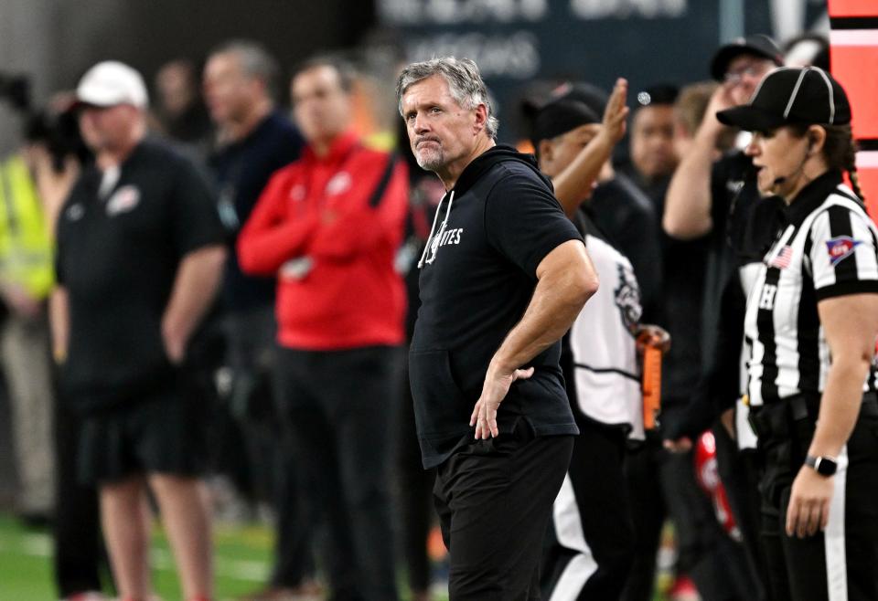 Utah Utes coach Kyle Whittingham watches from the sideline as Utah and Northwestern play in the Las Vegas Bowl at Allegiant Stadium on Saturday, Dec. 23, 2023. Northwestern won 14-7.