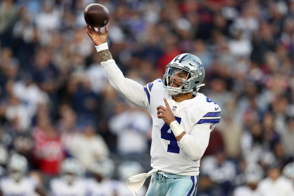 FOXBOROUGH, MASSACHUSETTS - OCTOBER 17: Dak Prescott #4 of the Dallas Cowboys throws a pass in the second quarter against the New England Patriots at Gillette Stadium on October 17, 2021 in Foxborough, Massachusetts. (Photo by Maddie Meyer/Getty Images)