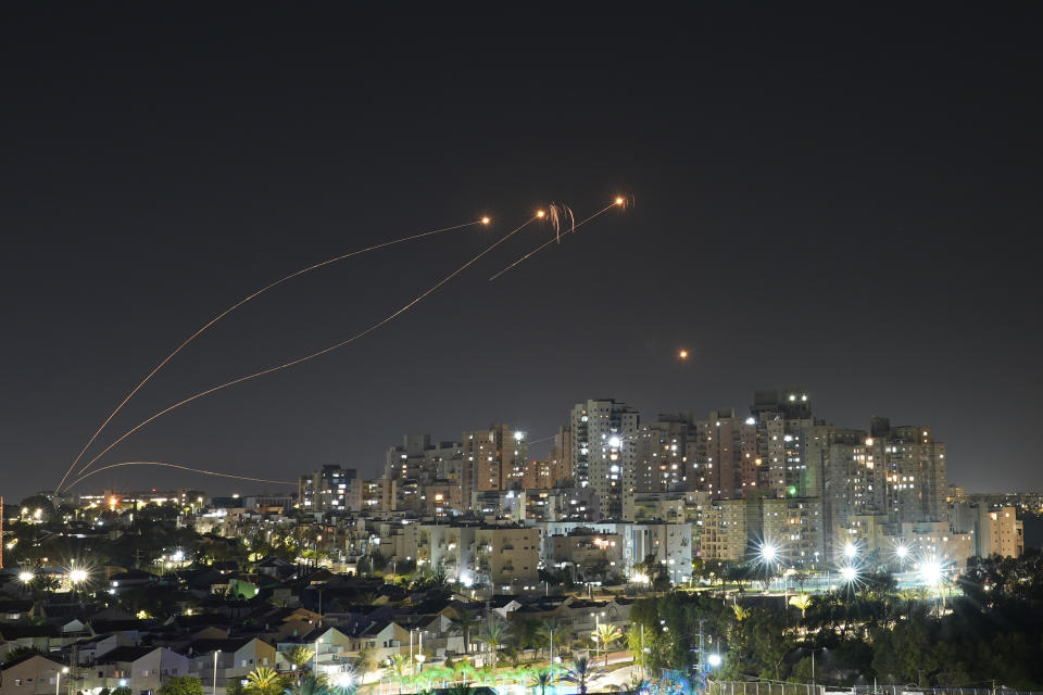 Israel's Iron Dome anti-missile system fires to intercept rockets launched from the Gaza Strip towards Israel, Wednesday, May 10, 2023. (AP Photo/Tsafrir Abayov)