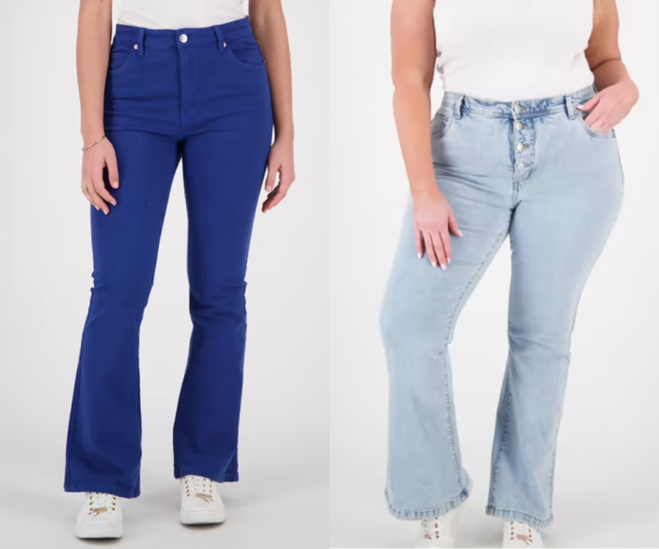 Two side by side images, the left a waist down image of a woman wearing cobalt blue flares and on the right, a plus size woman wearing pale blue flares both against a white background.