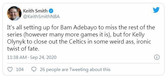 《Yahoo Sports》記者Keith Smith報導，Adebayo將缺席此系列賽剩餘賽事。（圖／翻攝自推特）