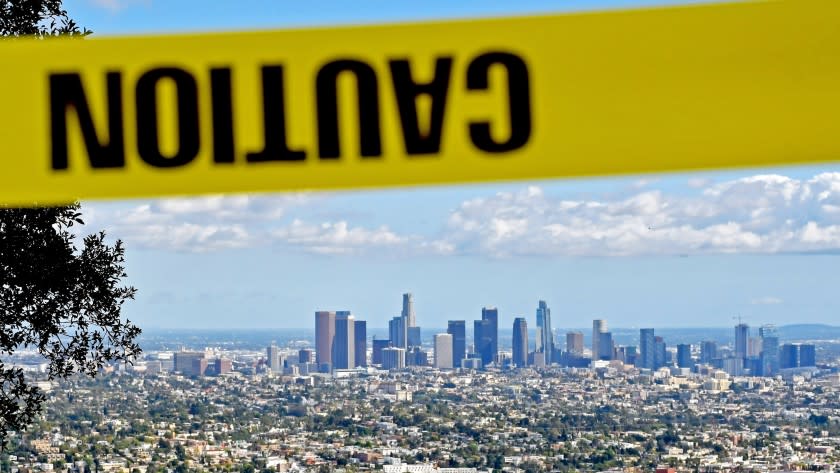 The downtown view from Griffith Observatory (closed since late March) in Griffith Park (closed on Easter Sunday).