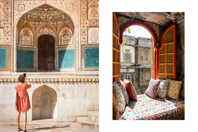 <p>Aparna Jayakumar</p> From left: A visitor captures the frescoes on Ganesh Pol, one of the gates at Amber Fort; a quiet corner of Ganesh Emporium, a textile and craft store set in a haveli, or traditional town house, in Udaipur's Old Town.