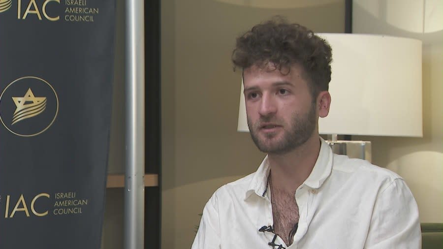 Ariel Ein-Gal, a 26-year-old Israeli citizen who escaped a Hamas terrorist attack, shares the story of how he and 19 friends escaped the incursion at a Beverly Hills event on Nov. 7, 2023. (KTLA)
