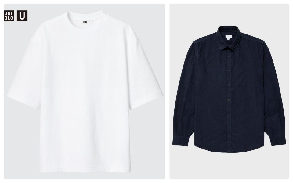 Airism T-shirt, £19.90, Uniqlo; Fine cord shirt, £99, Sunspel